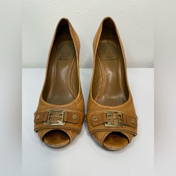 TORY BURCH Carnell Peep Toe Wedge Heels size 7.5 - Picture 1 of 5
